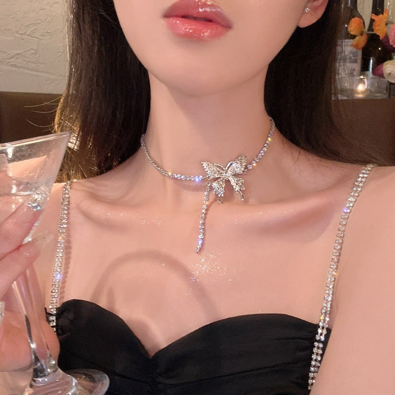 法式人造碎銀形山茶花朵愛心項鍊個性鎖骨鏈氣質輕奢百搭項飾