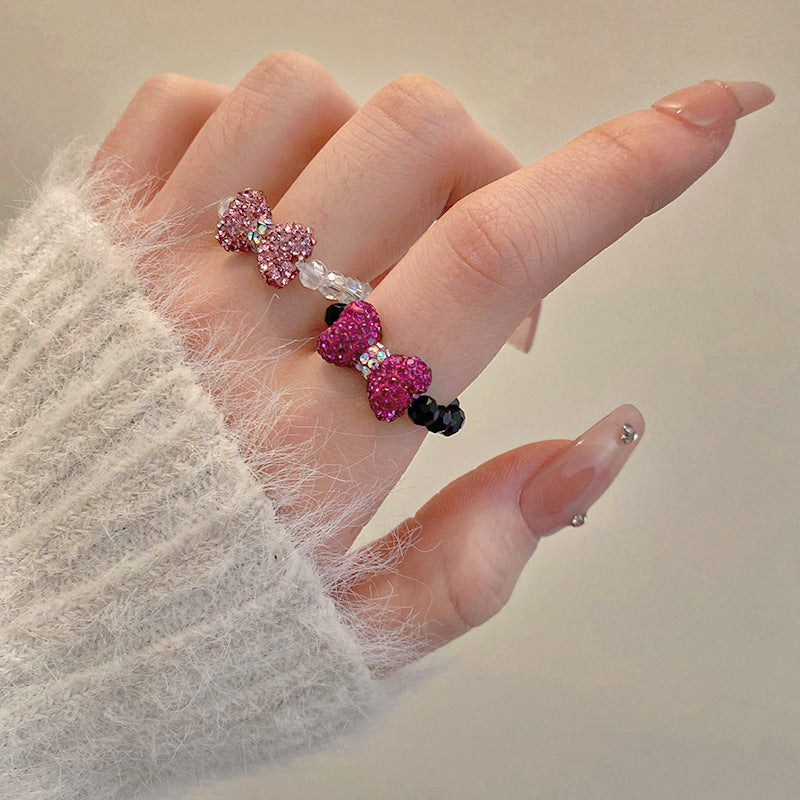 鑲鑽蝴蝶結水晶戒指甜美可愛少女心食指戒小衆時尚高級感手飾