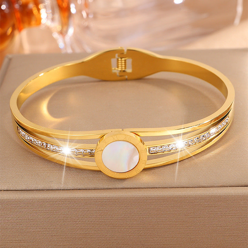 跨境熱賣新品白貝羅馬文不鏽鋼手鐲女歐美小衆輕奢鏤空鑲鑽手飾品