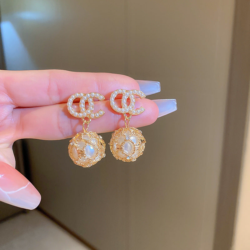 銀針法式黑色鑲鑽字母珍珠包包流蘇耳環小衆氣質耳釘高級感耳飾女