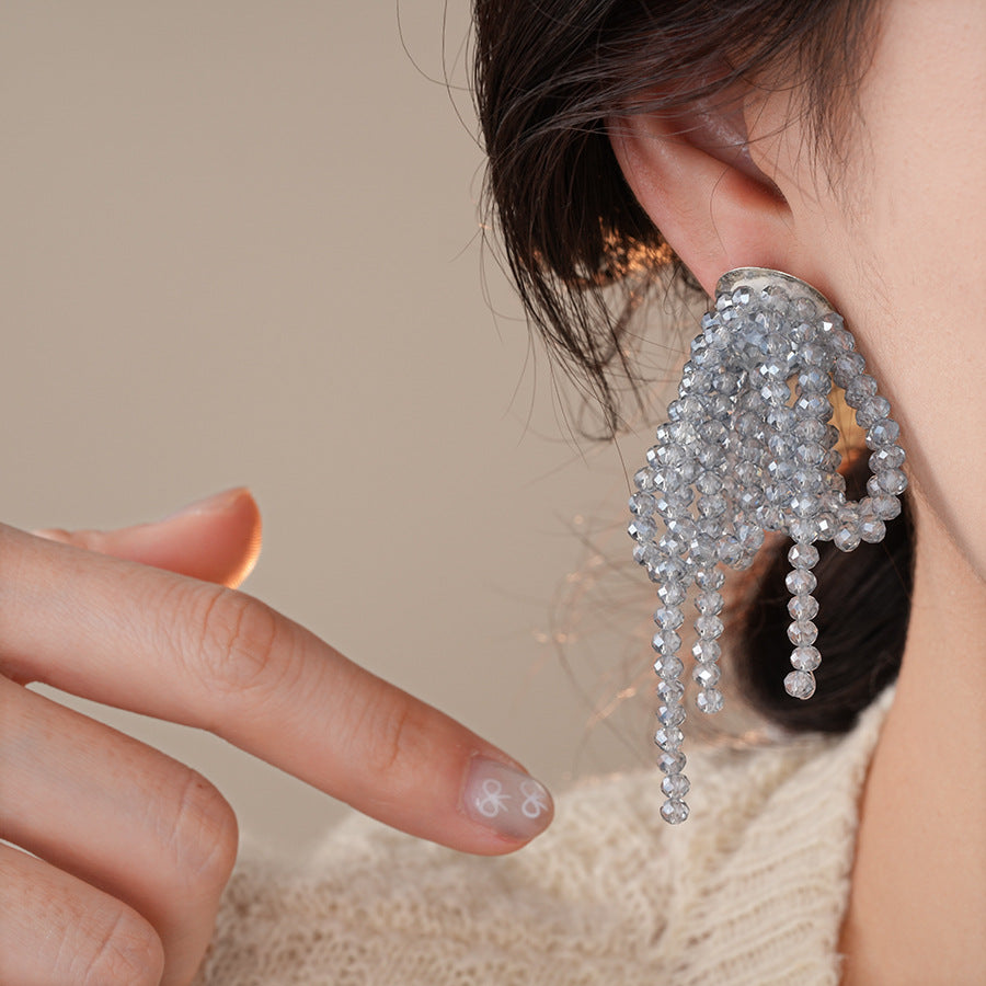 銀針小清新玻璃珠花朵流蘇耳環小衆個性誇張耳釘時尚度假風耳飾女