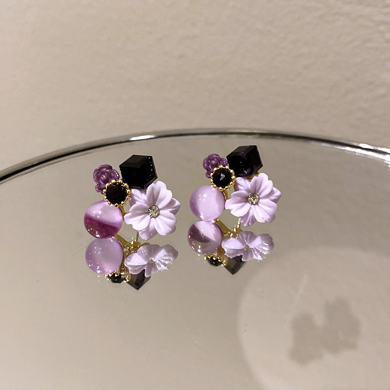 銀針高級感紫色水晶花朵蝴蝶流蘇耳環個性設計耳釘跨境時尚耳飾女