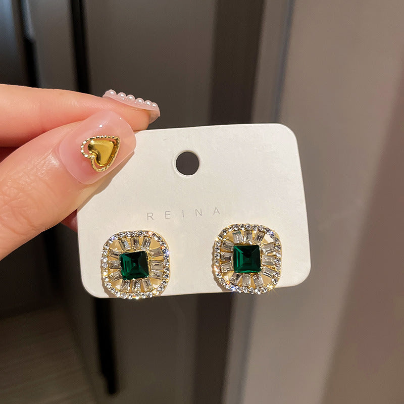 歐美跨境綠色鋯石花朵幾何耳釘氣質百搭耳環輕奢高級感耳飾設計感