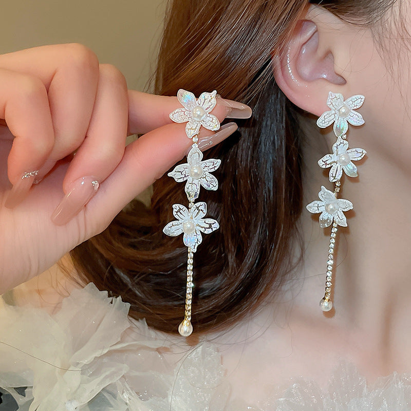 銀針時尚白色系花朵貝殼珍珠耳環氣質新款耳釘歐美時尚高級感耳飾