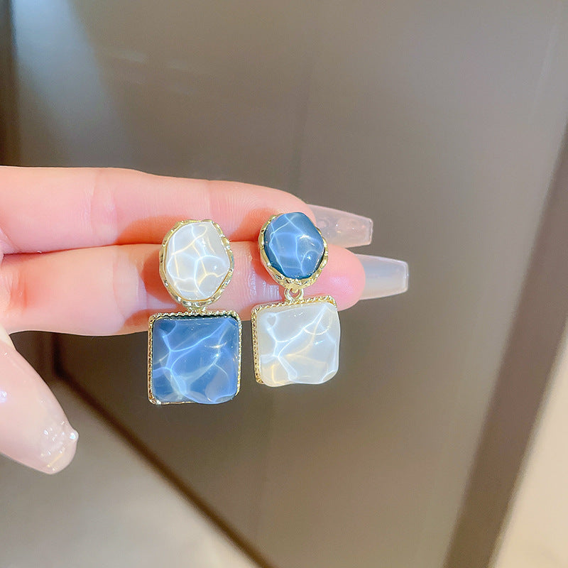 銀針霧霾藍色漸變滴油花朵蝴蝶愛心耳環氣質耳釘秋冬高級感耳飾