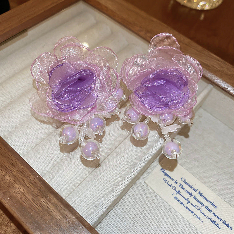 銀針高級感紫色水晶花朵蝴蝶流蘇耳環個性設計耳釘跨境時尚耳飾女