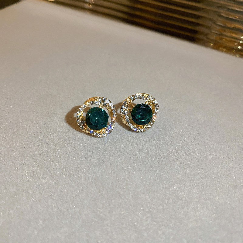歐美跨境綠色鋯石花朵幾何耳釘氣質百搭耳環輕奢高級感耳飾設計感