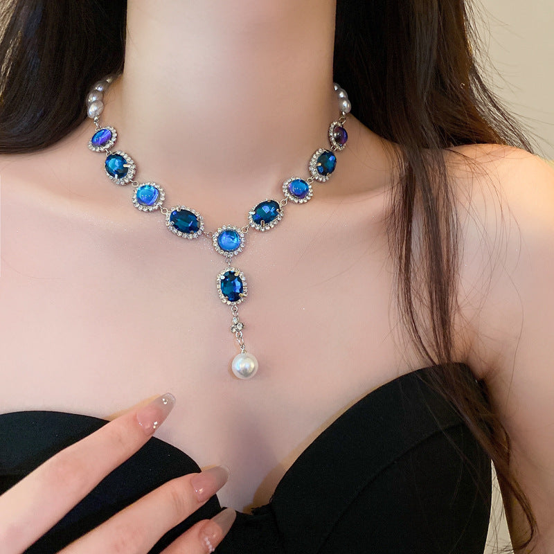 復古藍色鑲鑽珍珠流蘇項鍊法式復古宮廷風鎖骨鏈輕奢高級感項飾女