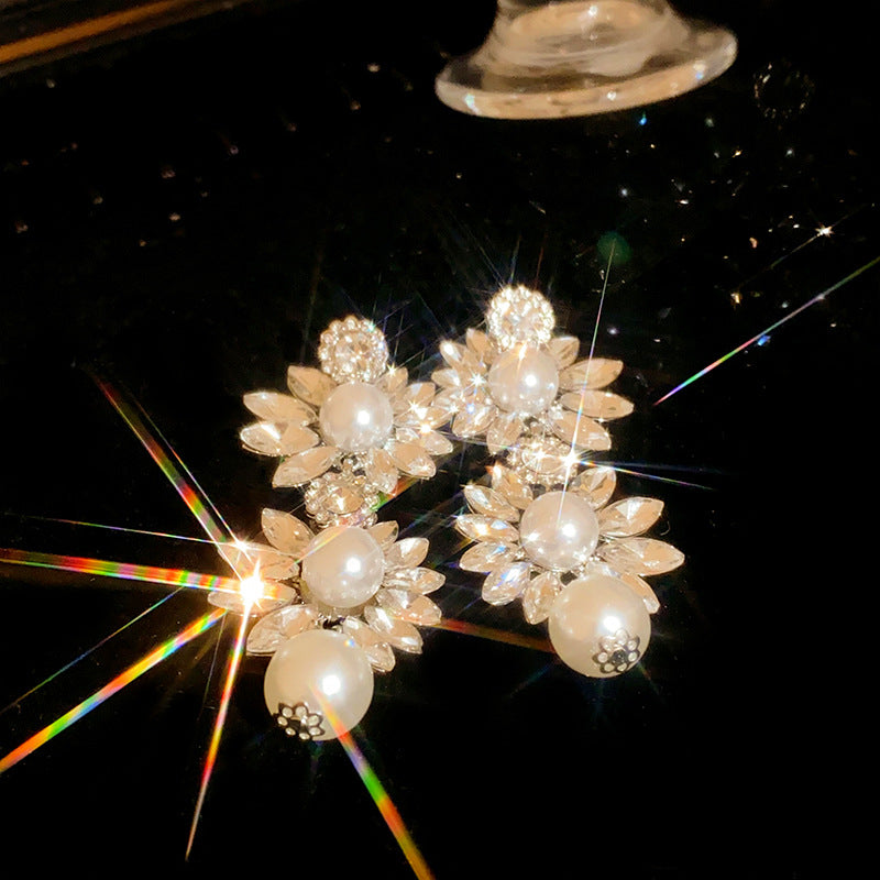 歐美鑲鑽花朵珍珠耳環氣質宮廷風耳釘時尚輕奢高級感耳飾女