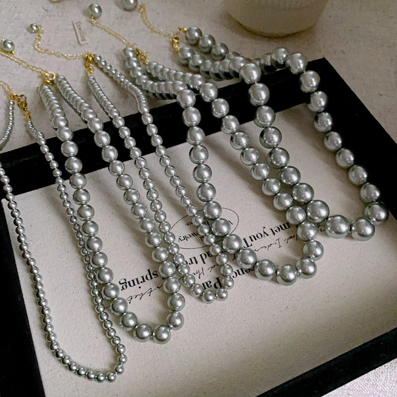 法式復古灰色珍珠項鍊小衆簡約設計感鎖骨鏈氣質輕奢高級感項飾女