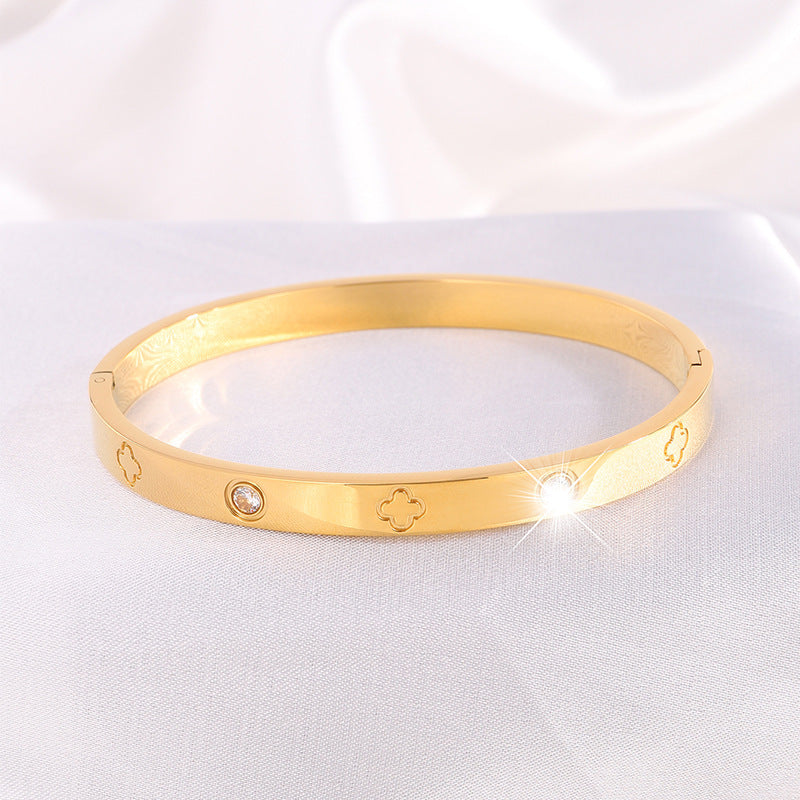 鈦鋼手鐲四葉花壓印手鐲女生高級感時尚網紅爆款不鏽鋼手鐲飾品