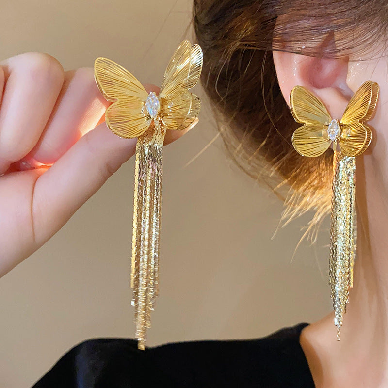 銀針歐美金屬風珍珠蝴蝶花朵流蘇耳釘小衆個性耳環時尚誇張耳飾女