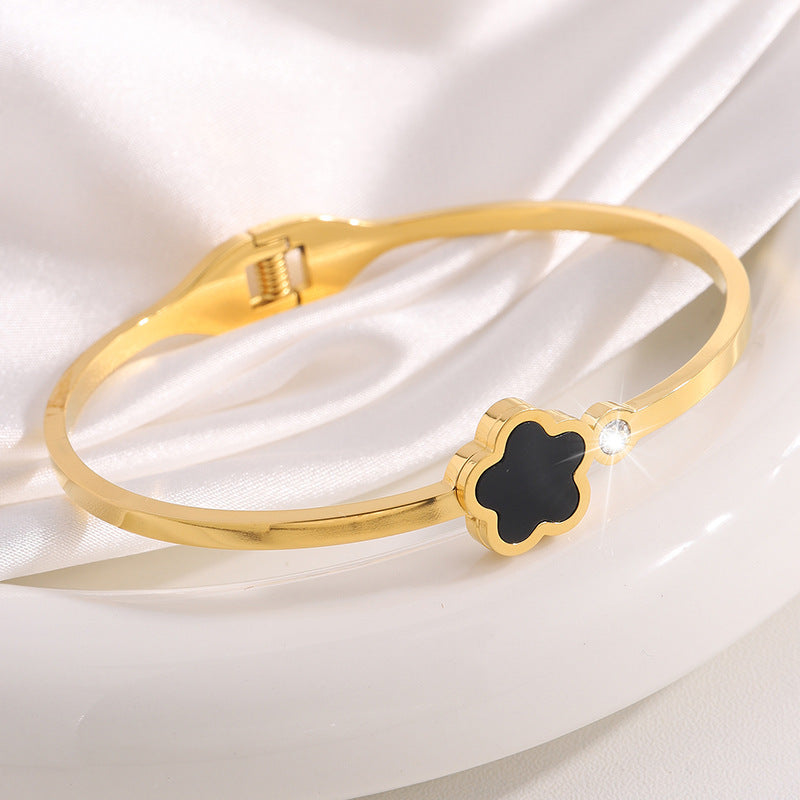 韓版五葉花玫瑰金鈦鋼手鐲時尚爆款手飾鑲鑽女新款個性不鏽鋼手環