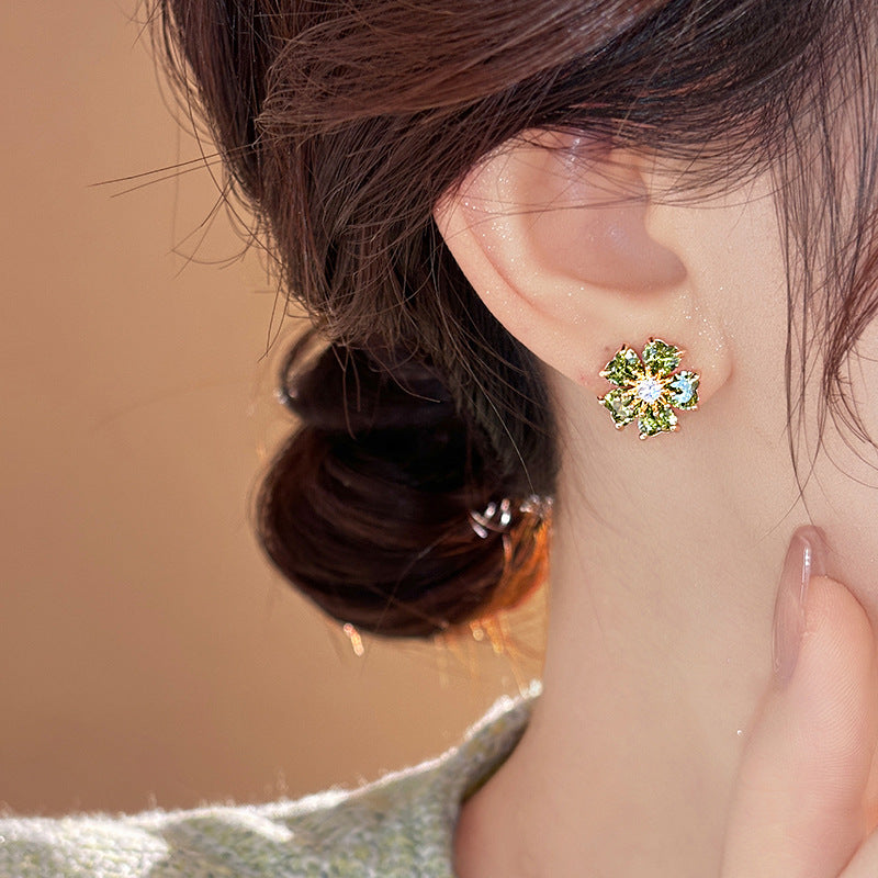 歐美跨境綠色鋯石花朵幾何耳釘氣質百搭耳環輕奢高級感耳飾設計感