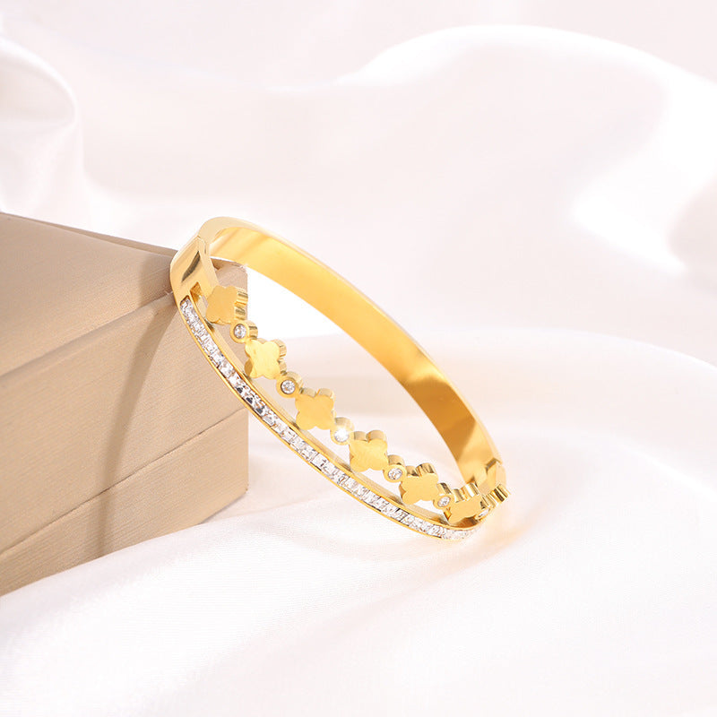 跨境爆款電鍍18K鈦鋼手鐲時尚鑲鑽四葉草輕奢高級不掉色手環