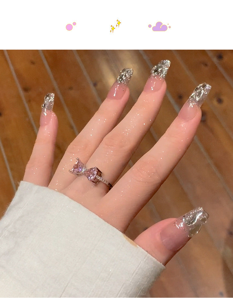 韓系甜美鋯石蝴蝶結開口戒指輕奢高級感食指戒精緻設計感小衆手飾