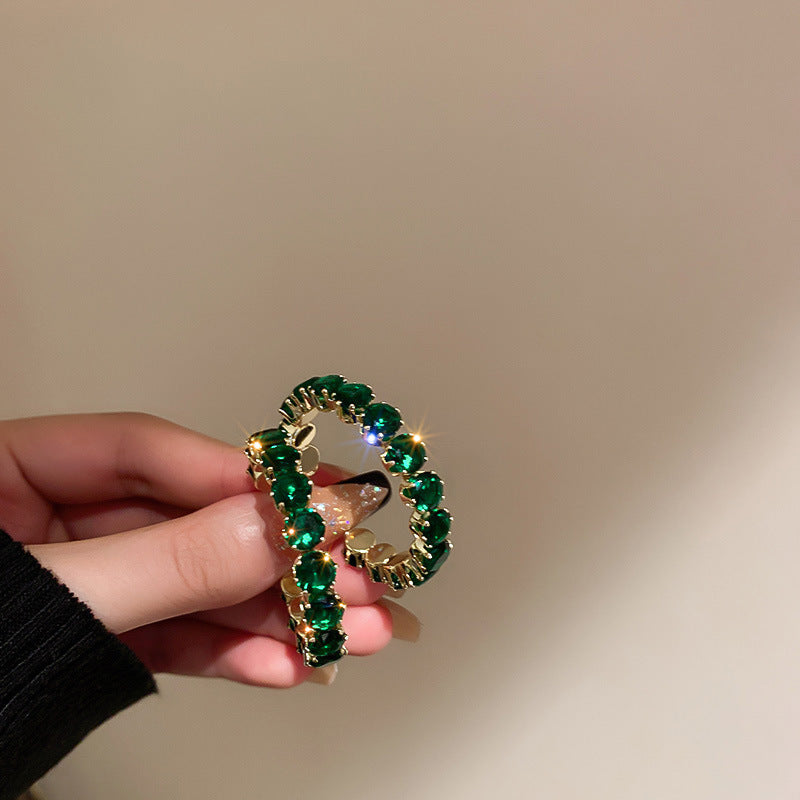 歐美跨境綠色鋯石花朵幾何耳釘氣質百搭耳環輕奢高級感耳飾設計感