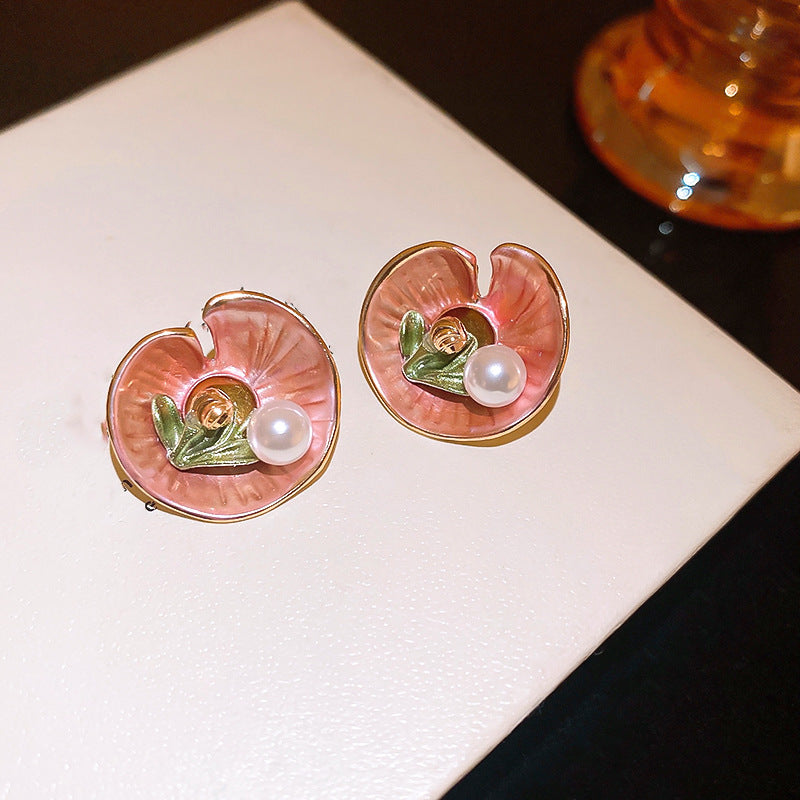 莫奈花園油畫風愛心花朵珍珠耳環時尚氣質耳釘法式甜美小清新耳飾
