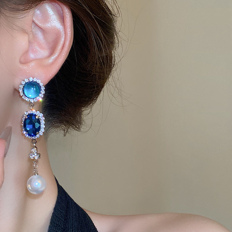 復古藍色鑲鑽珍珠流蘇項鍊法式復古宮廷風鎖骨鏈輕奢高級感項飾女