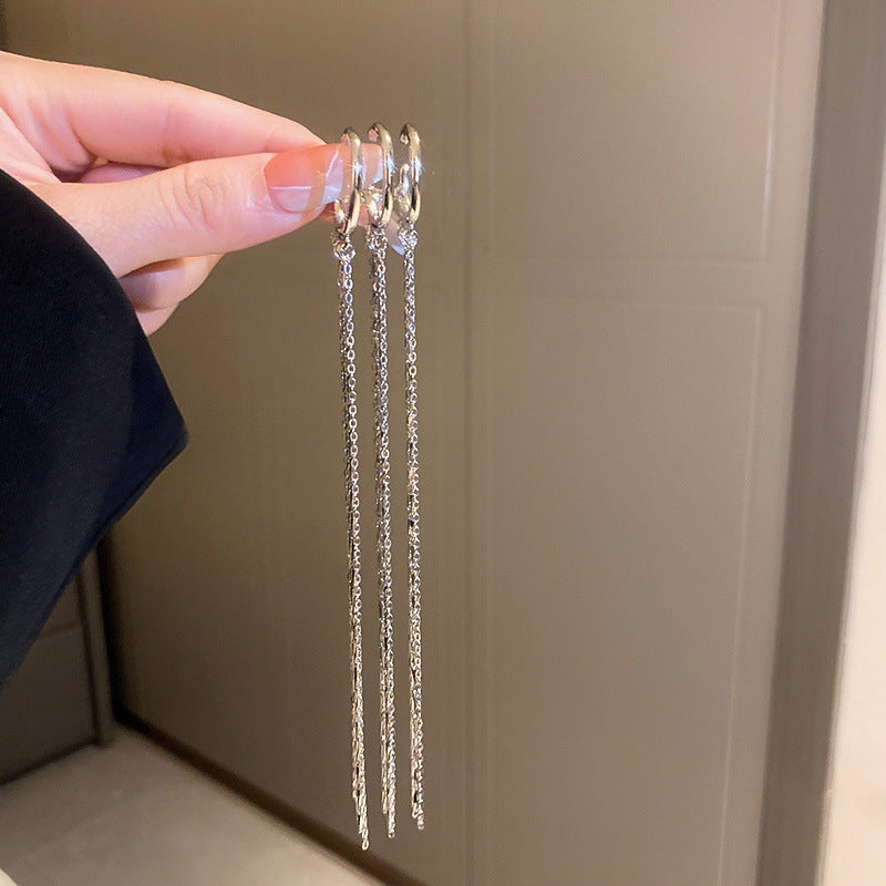 銀針跨境冷淡風銀色鑲鑽鋯石花朵珍珠耳環長款流蘇耳釘高級感耳飾