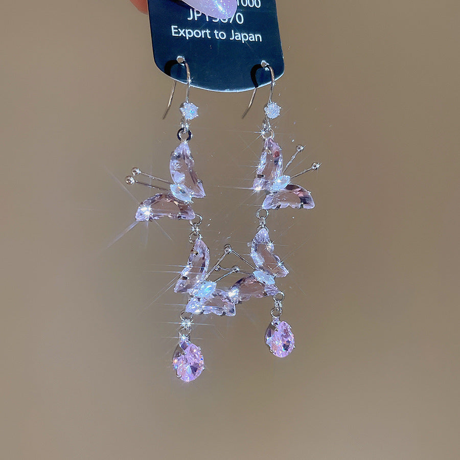 銀針熱銷鑲鑽鋯石水滴蝴蝶流蘇耳環輕奢高級感耳釘耳飾設計感小衆