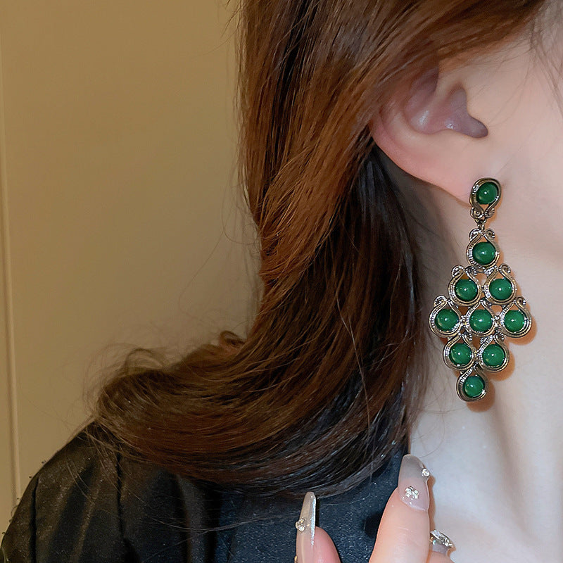 銀針中古vintage綠色鑲鑽蝴蝶珍珠耳環氣質耳墜復古高級感耳飾女