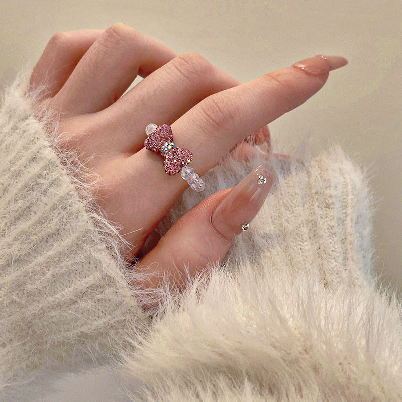 鑲鑽蝴蝶結水晶戒指甜美可愛少女心食指戒小衆時尚高級感手飾