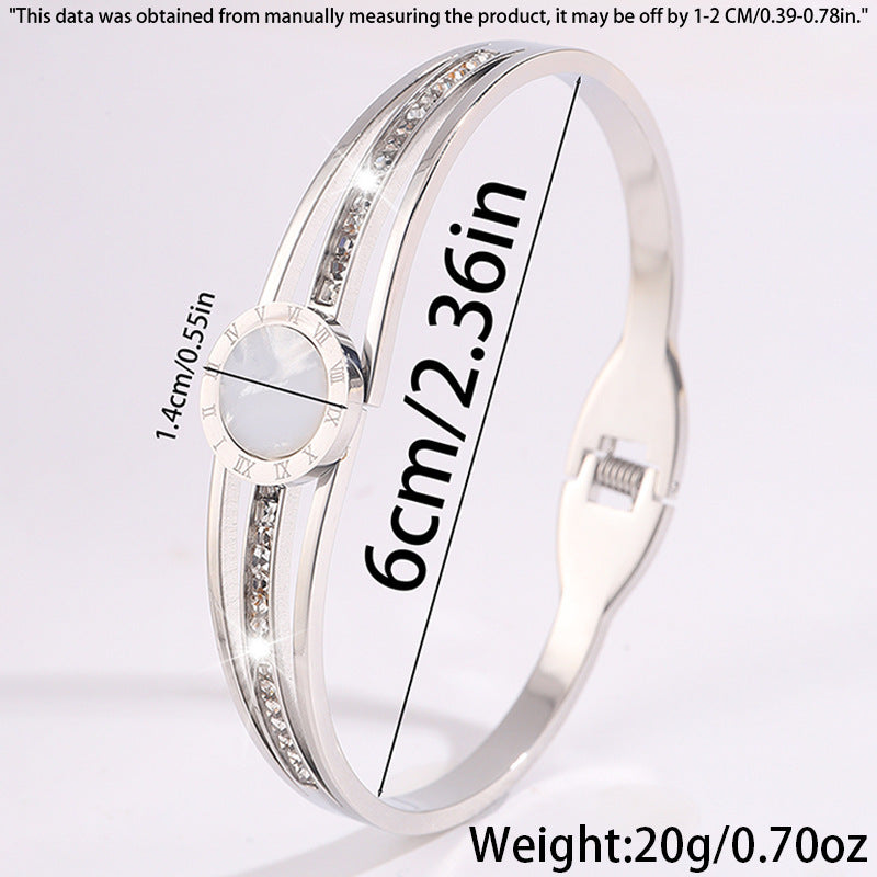 跨境熱賣新品白貝羅馬文不鏽鋼手鐲女歐美小衆輕奢鏤空鑲鑽手飾品