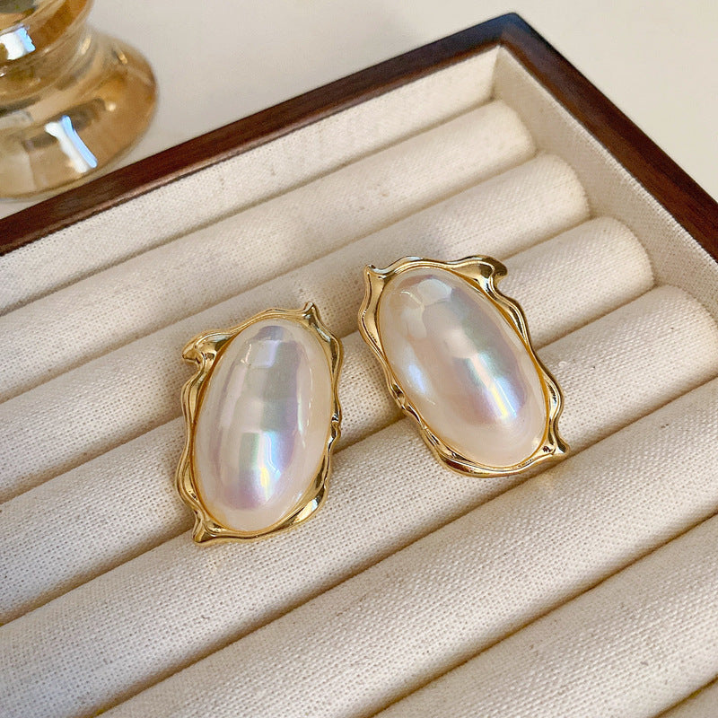 銀針歐美金屬風鏤空花朵魚尾珍珠耳環誇張氣質耳釘重工高級感耳飾