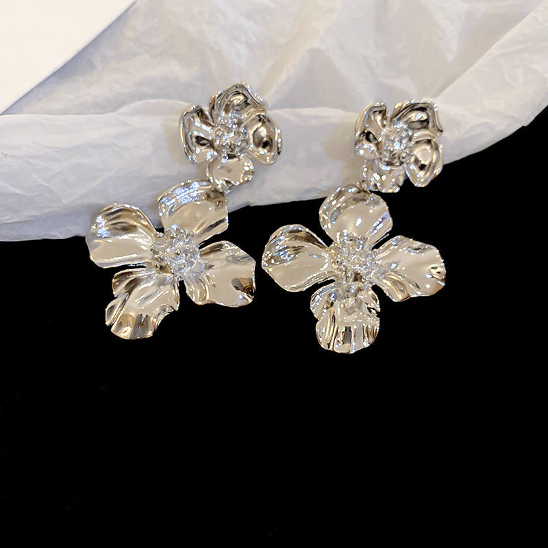 銀針跨境冷淡風銀色鑲鑽鋯石花朵珍珠耳環長款流蘇耳釘高級感耳飾