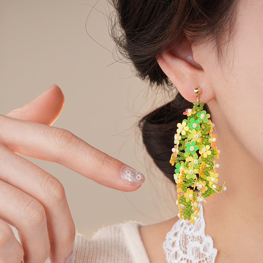 銀針森系米珠編織亮片花朵流蘇耳環超仙度假風耳墜小衆高級感耳飾