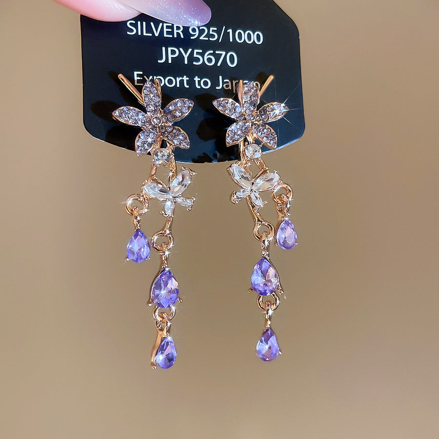 銀針熱銷鑲鑽鋯石水滴蝴蝶流蘇耳環輕奢高級感耳釘耳飾設計感小衆