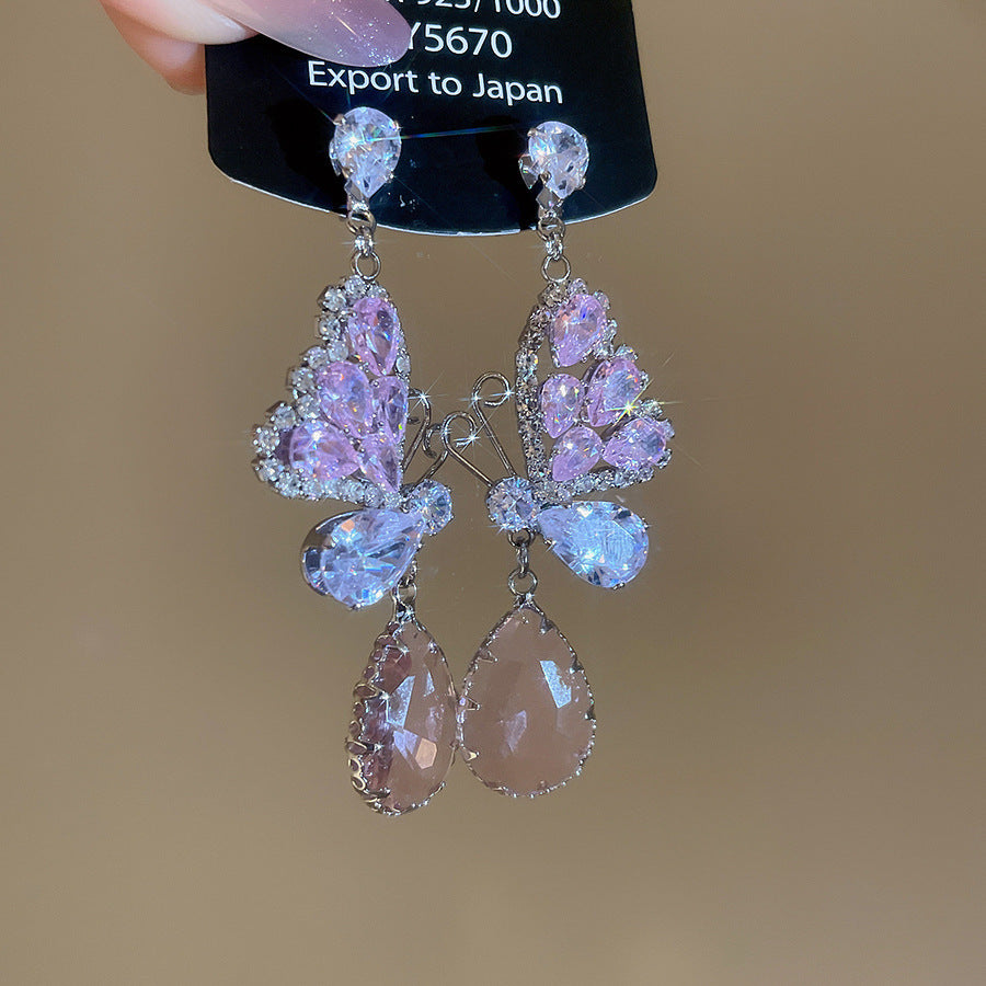 銀針熱銷鑲鑽鋯石水滴蝴蝶流蘇耳環輕奢高級感耳釘耳飾設計感小衆