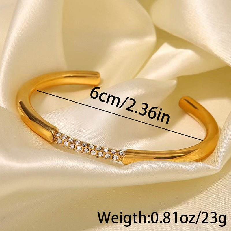 鈦鋼手鐲鑲鑽C形小衆設計歐美風排鑽簡約氣質光面復古不鏽鋼手環