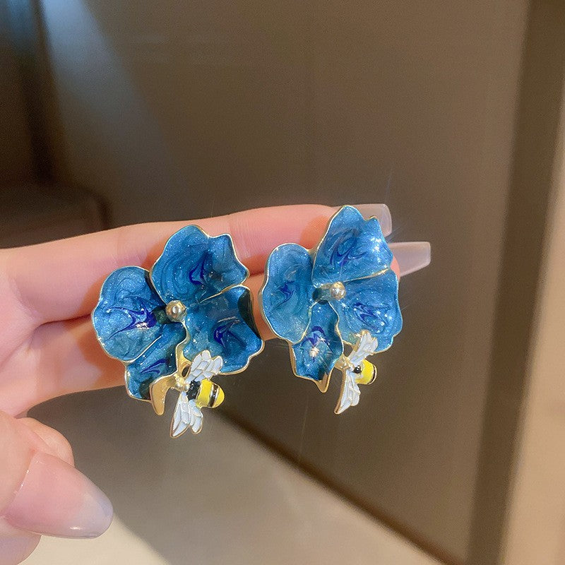 銀針霧霾藍色漸變滴油花朵蝴蝶愛心耳環氣質耳釘秋冬高級感耳飾