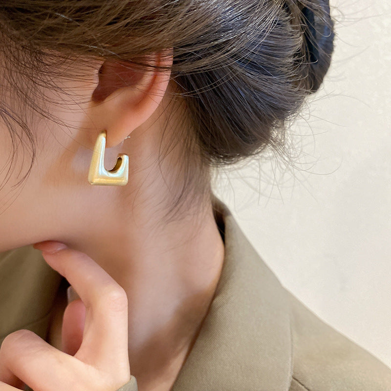 銀針歐美輕奢金屬風拉絲方形愛心耳環女網紅個性幾何耳釘時尚耳飾