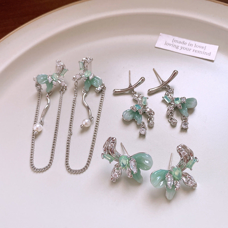 銀針小清新綠色樹脂鋯石蝴蝶流蘇耳釘甜美個性耳環輕奢高級感耳飾