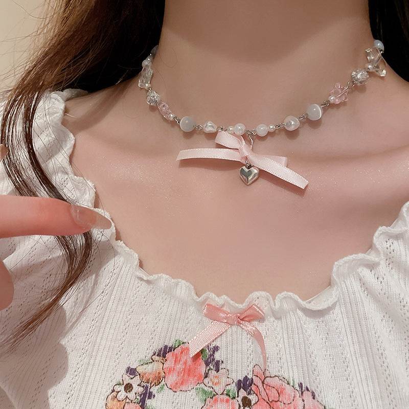 法式甜美愛心蝴蝶結珍珠項鍊少女小清新鎖骨鏈小衆百搭超仙項飾女