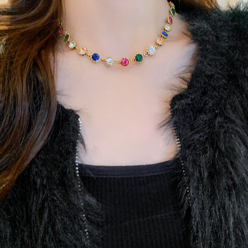 歐美誇張設計彩色鑲鑽項鍊宮廷風個性氣質鎖骨鏈老虎頭復古項飾女