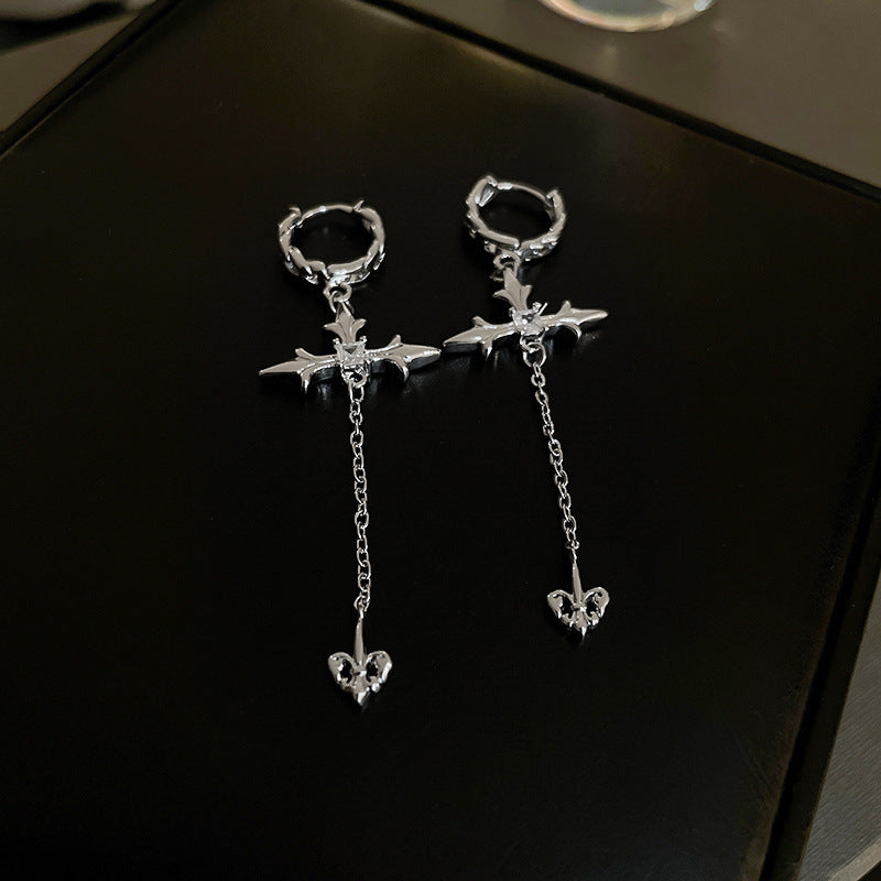 銀針跨境冷淡風銀色鑲鑽鋯石花朵珍珠耳環長款流蘇耳釘高級感耳飾