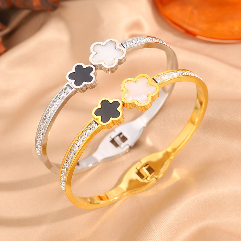 韓版黑白五瓣花排鑽鈦鋼手鐲女簡約開口設計不褪色百搭手鐲飾品