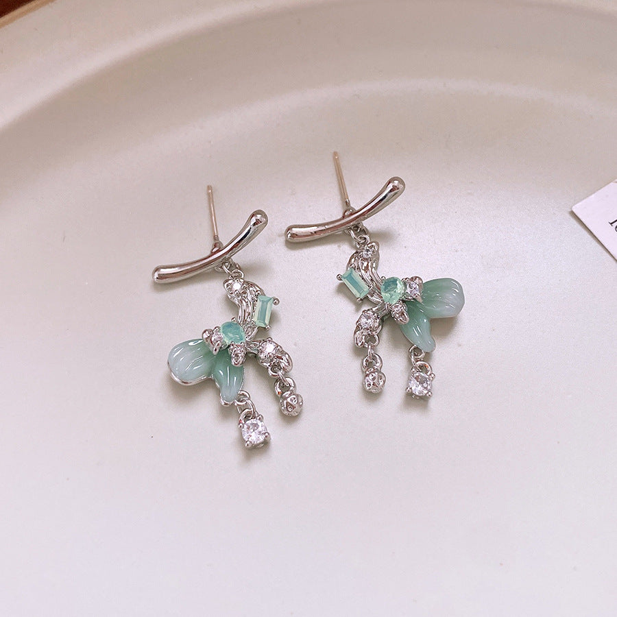 銀針小清新綠色樹脂鋯石蝴蝶流蘇耳釘甜美個性耳環輕奢高級感耳飾