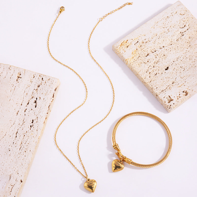 不鏽鋼手鐲女生高級感時尚項鍊女百搭高級感愛心刻字手鐲項鍊套裝