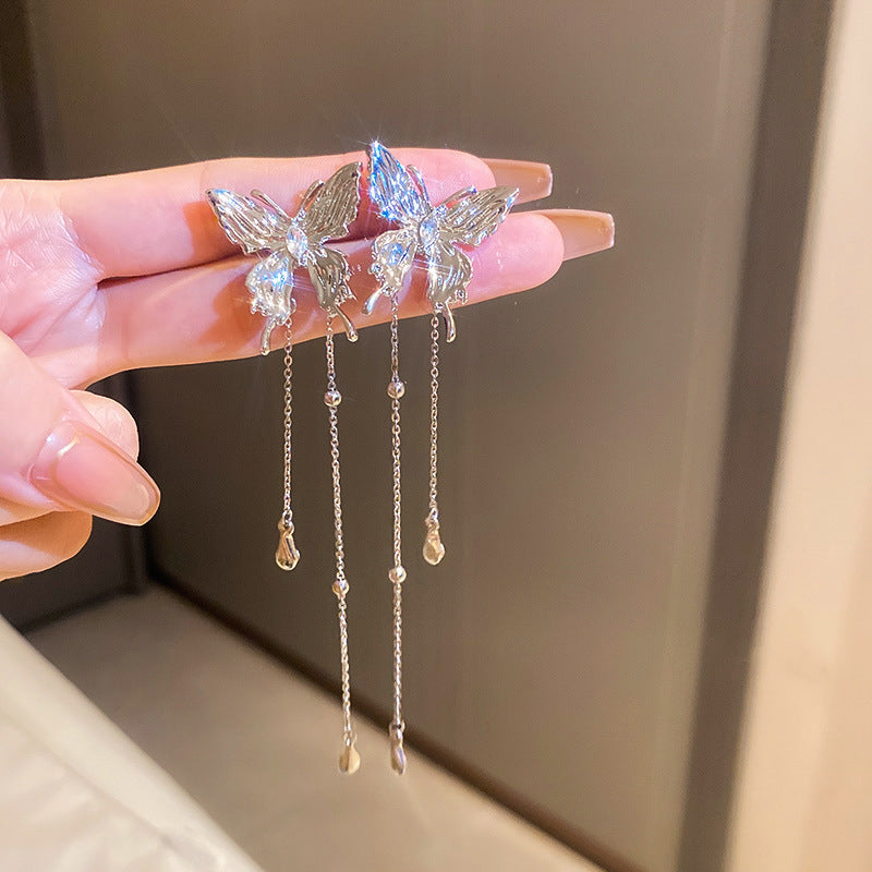 銀針跨境冷淡風銀色鑲鑽鋯石花朵珍珠耳環長款流蘇耳釘高級感耳飾