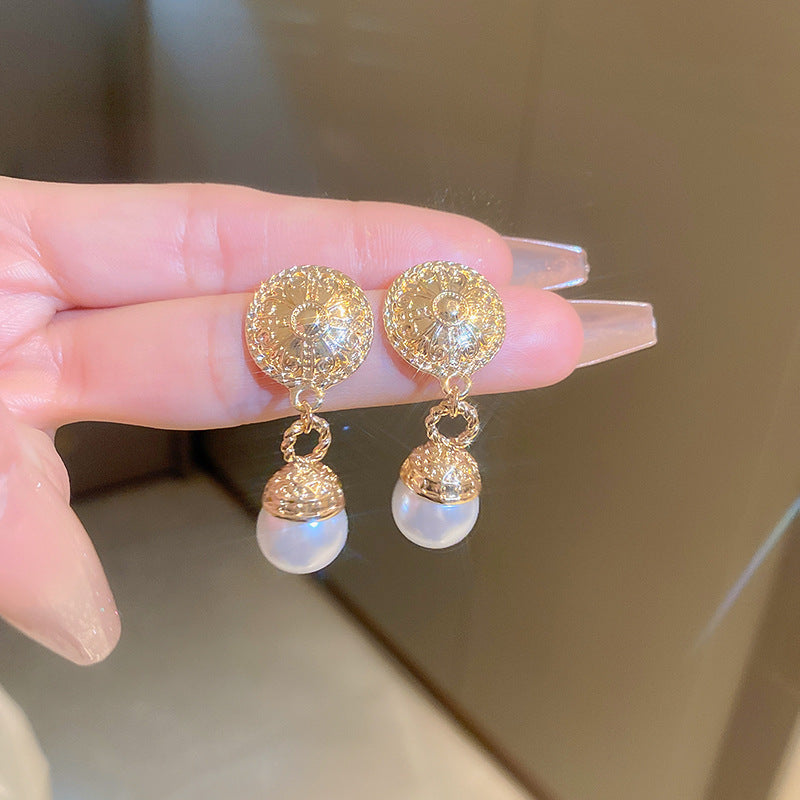 銀針歐美金屬風鏤空花朵魚尾珍珠耳環誇張氣質耳釘重工高級感耳飾