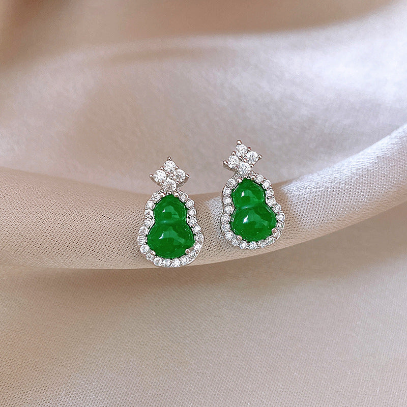 歐美跨境綠色鋯石花朵幾何耳釘氣質百搭耳環輕奢高級感耳飾設計感