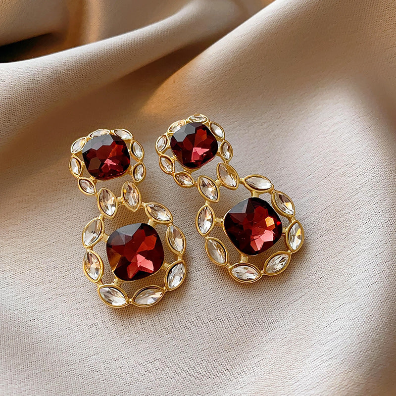 銀針歐美輕奢人造鋯石水晶款愛心耳釘時尚宮廷風耳環高級感耳飾女