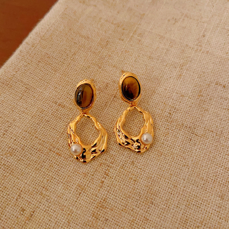 銀針小衆復古C形人造虎眼石耳環氣質設計感耳釘輕奢高級感耳飾女