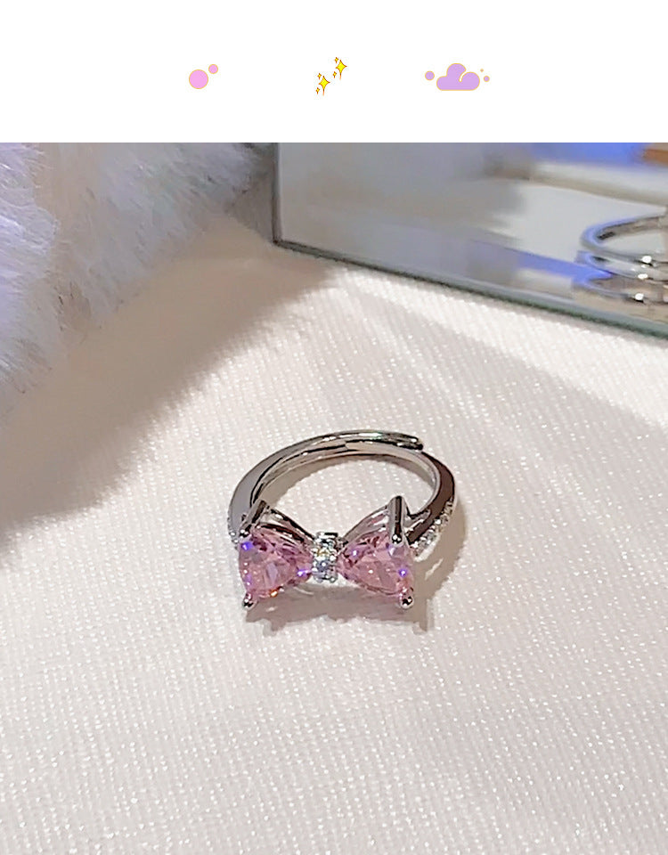 韓系甜美鋯石蝴蝶結開口戒指輕奢高級感食指戒精緻設計感小衆手飾