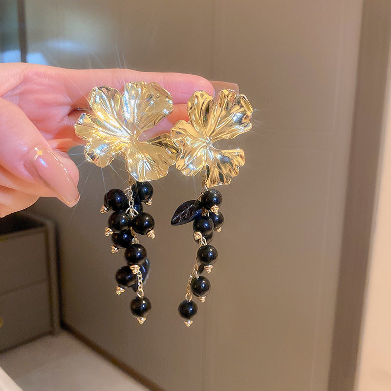 銀針新中式黑色系竹子花朵珍珠流蘇耳環氣質百搭耳釘高級感耳飾女